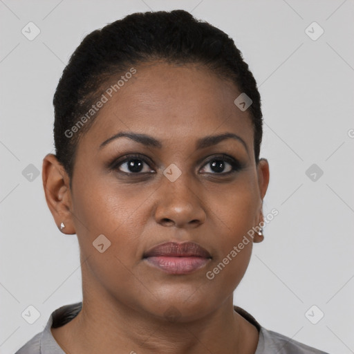 Joyful black young-adult female with short  brown hair and brown eyes