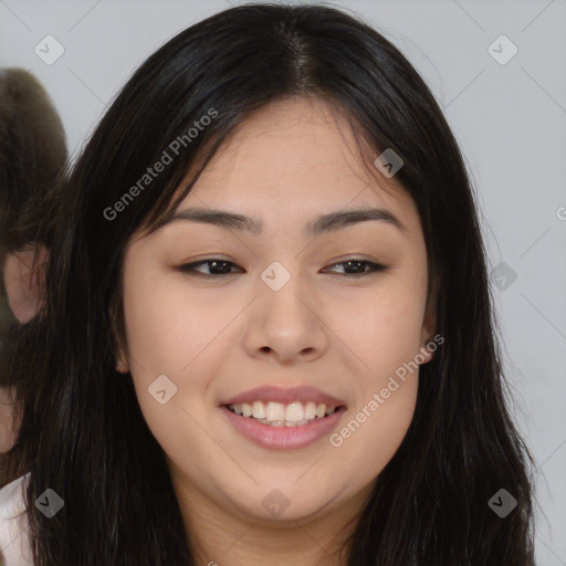 Joyful asian young-adult female with long  brown hair and brown eyes