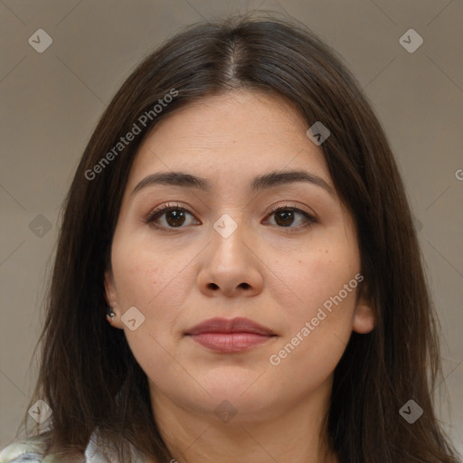 Neutral white young-adult female with medium  brown hair and brown eyes