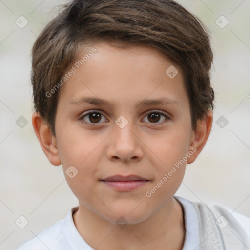 Joyful white child male with short  brown hair and brown eyes