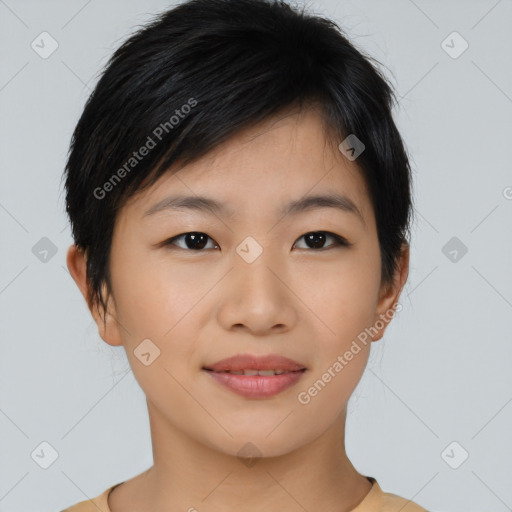 Joyful asian young-adult female with short  brown hair and brown eyes