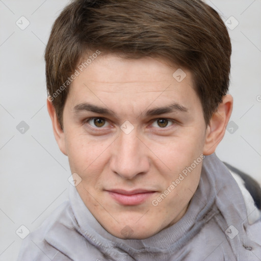 Joyful white adult male with short  brown hair and grey eyes