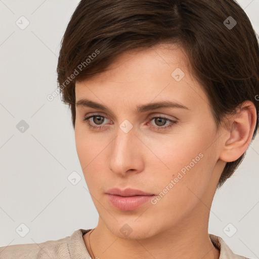 Neutral white young-adult female with short  brown hair and brown eyes