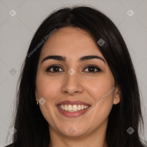 Joyful white young-adult female with long  brown hair and brown eyes