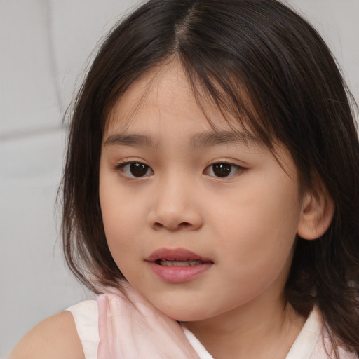 Joyful white child female with medium  brown hair and brown eyes