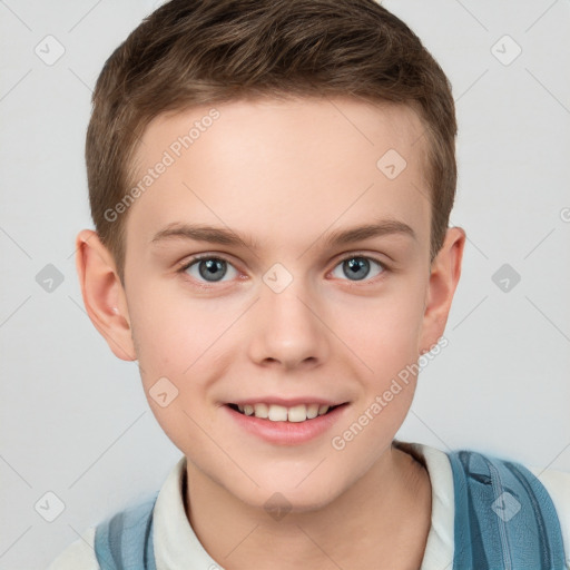 Joyful white child male with short  brown hair and grey eyes