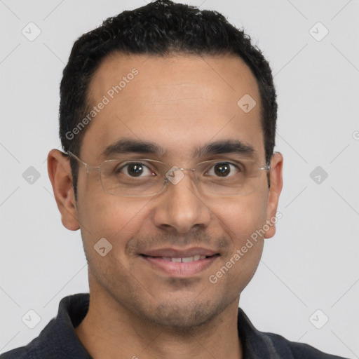 Joyful latino young-adult male with short  black hair and brown eyes