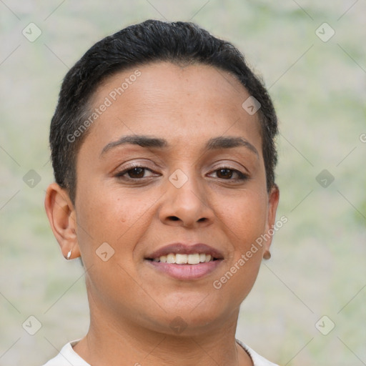 Joyful latino young-adult female with short  brown hair and brown eyes