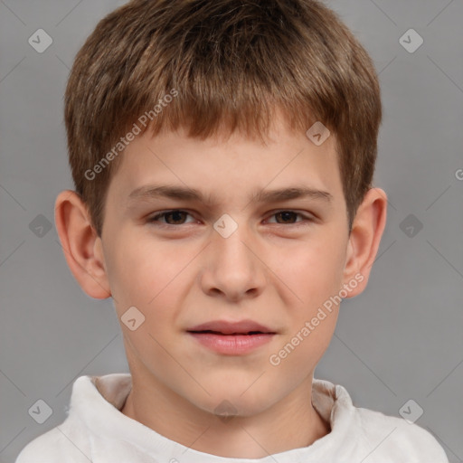 Joyful white child male with short  brown hair and brown eyes