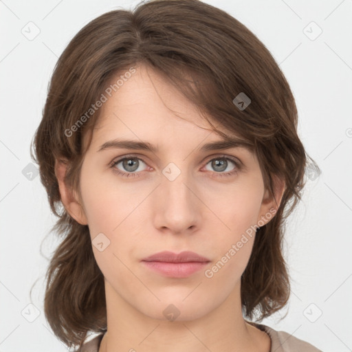 Neutral white young-adult female with medium  brown hair and grey eyes