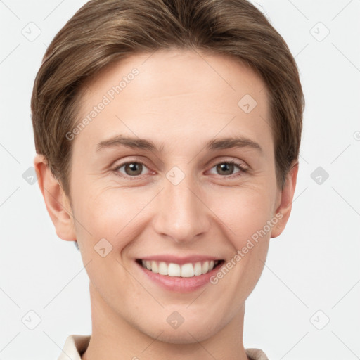 Joyful white young-adult female with short  brown hair and grey eyes