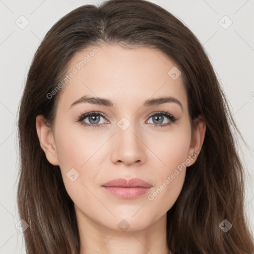 Neutral white young-adult female with long  brown hair and grey eyes