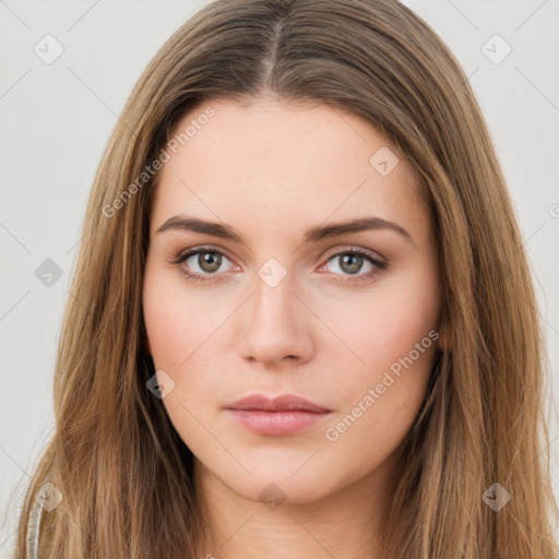 Neutral white young-adult female with long  brown hair and brown eyes