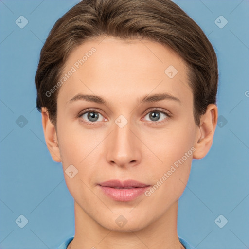 Joyful white young-adult female with short  brown hair and grey eyes