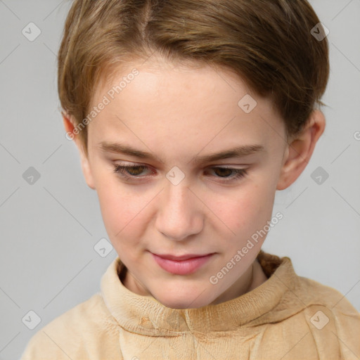 Joyful white child female with short  brown hair and brown eyes