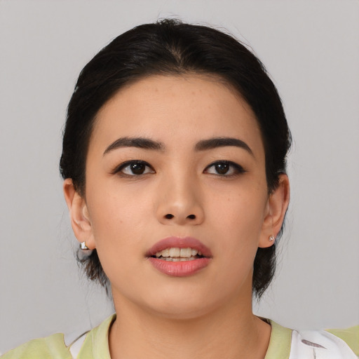 Neutral asian young-adult female with medium  black hair and brown eyes
