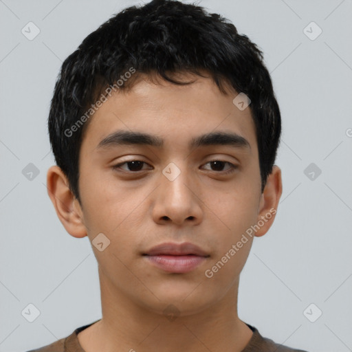 Neutral latino young-adult male with short  black hair and brown eyes
