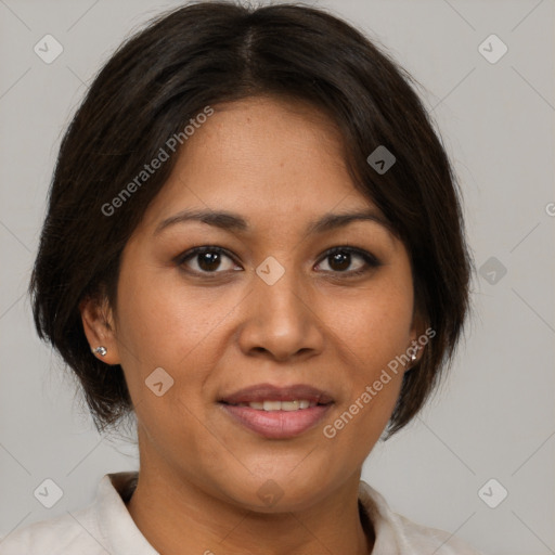 Joyful latino young-adult female with medium  brown hair and brown eyes