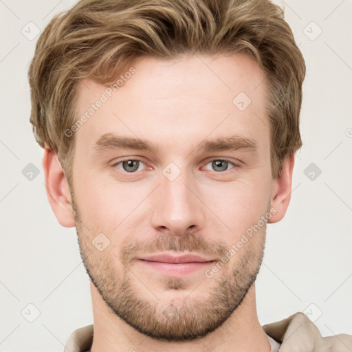 Neutral white young-adult male with short  brown hair and grey eyes