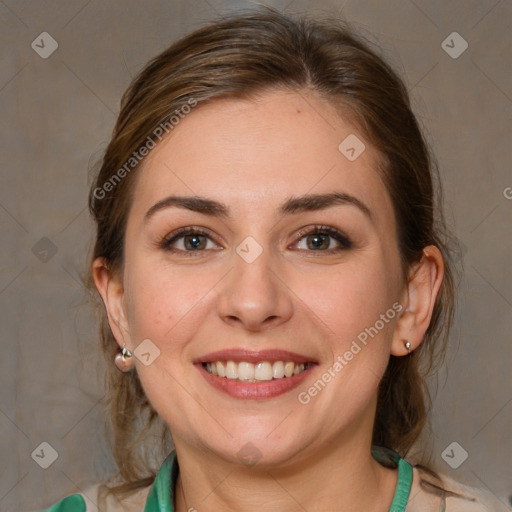 Joyful white young-adult female with medium  brown hair and blue eyes