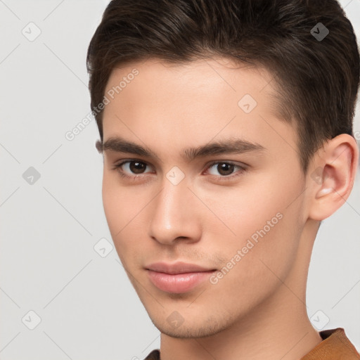 Neutral white young-adult male with short  brown hair and brown eyes