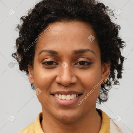 Joyful latino young-adult female with short  brown hair and brown eyes