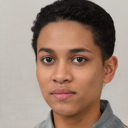 Neutral latino young-adult female with short  black hair and brown eyes
