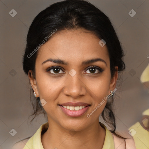 Joyful latino young-adult female with medium  brown hair and brown eyes