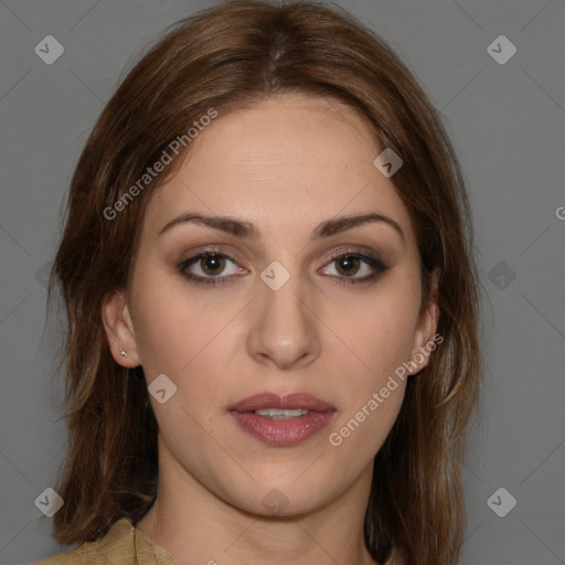 Neutral white young-adult female with medium  brown hair and brown eyes