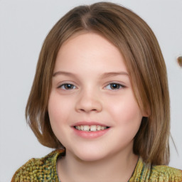 Joyful white child female with medium  brown hair and brown eyes