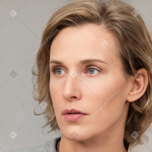 Neutral white young-adult female with medium  brown hair and grey eyes