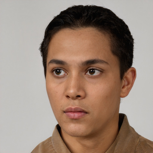 Neutral white young-adult male with short  black hair and brown eyes