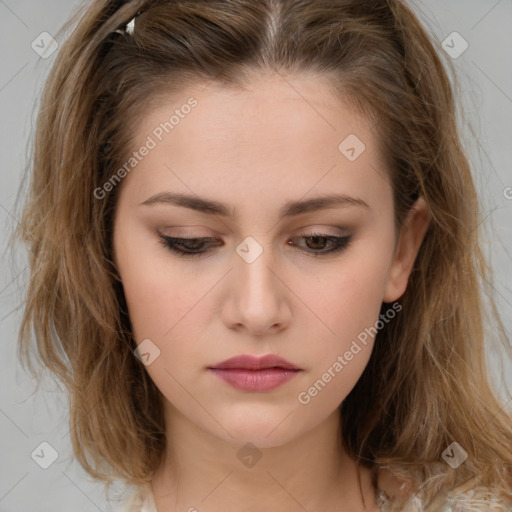 Neutral white young-adult female with long  brown hair and brown eyes