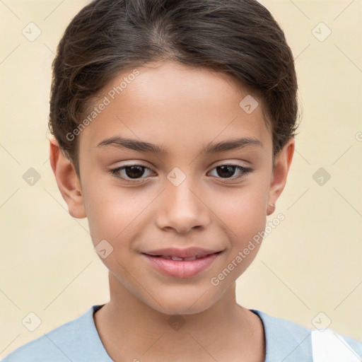 Joyful white child female with short  brown hair and brown eyes