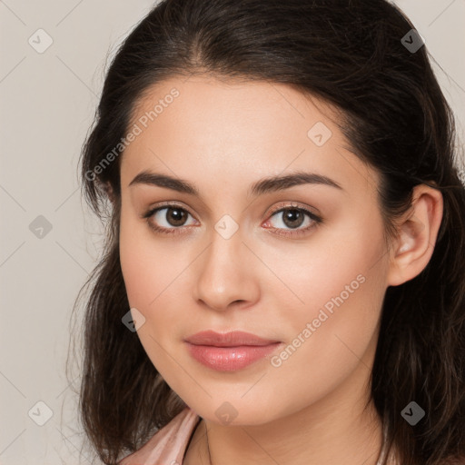 Neutral white young-adult female with long  brown hair and brown eyes