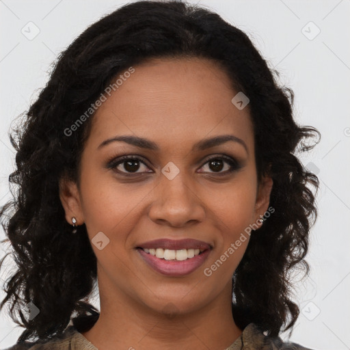 Joyful latino young-adult female with long  brown hair and brown eyes