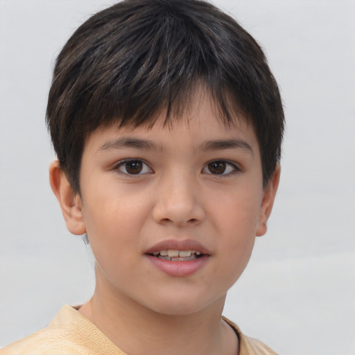 Joyful asian child female with short  brown hair and brown eyes