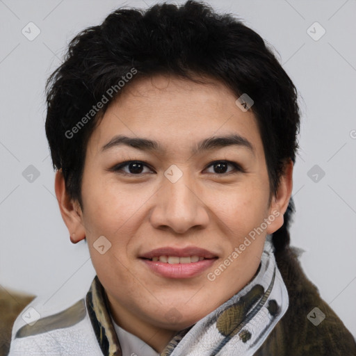 Joyful asian young-adult female with short  brown hair and brown eyes