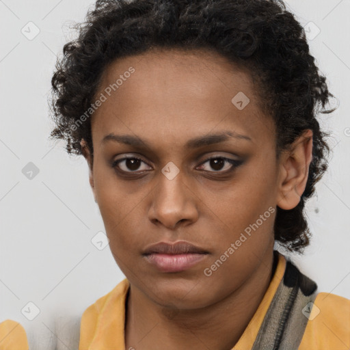 Neutral black young-adult female with short  brown hair and brown eyes