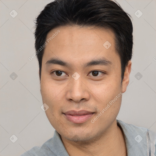 Joyful white young-adult male with short  black hair and brown eyes