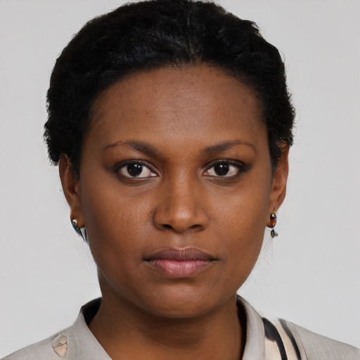 Neutral black young-adult female with short  black hair and brown eyes