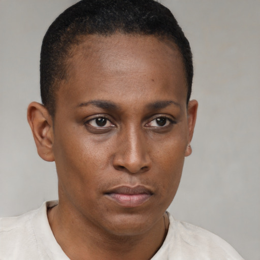Neutral black young-adult female with short  brown hair and brown eyes