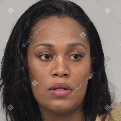 Joyful asian young-adult female with long  brown hair and brown eyes