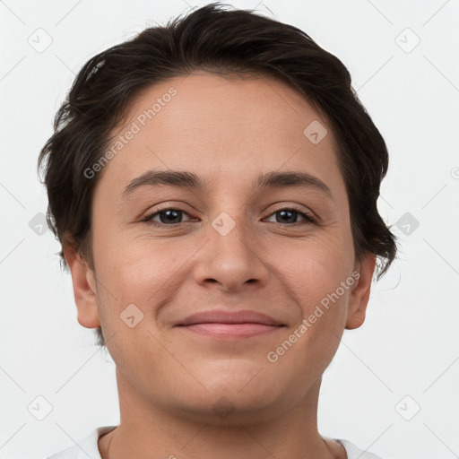 Joyful white young-adult female with short  brown hair and brown eyes