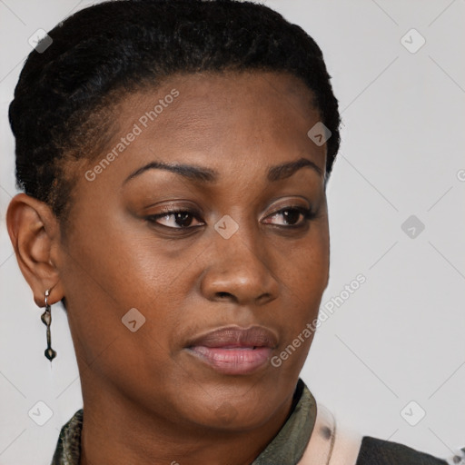Neutral black young-adult female with short  brown hair and brown eyes