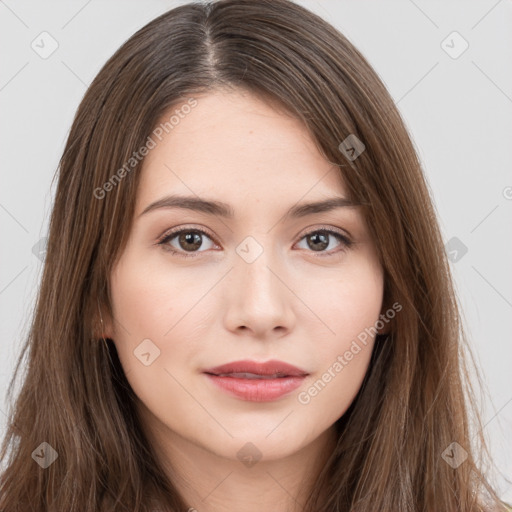 Neutral white young-adult female with long  brown hair and brown eyes