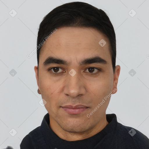 Neutral white young-adult male with short  black hair and brown eyes