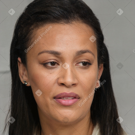 Joyful black adult female with long  brown hair and brown eyes