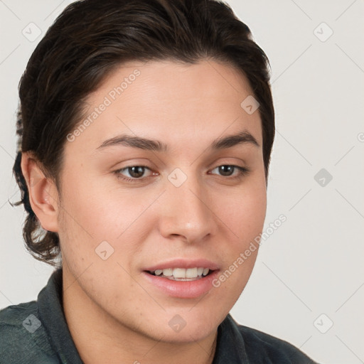 Joyful white young-adult female with short  brown hair and brown eyes