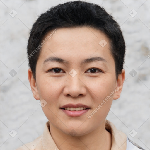 Joyful white young-adult male with short  black hair and brown eyes